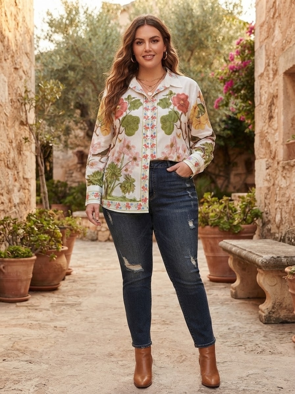 Rose & Olive Floral Print Button-Down Shirt in White, Pink & Green